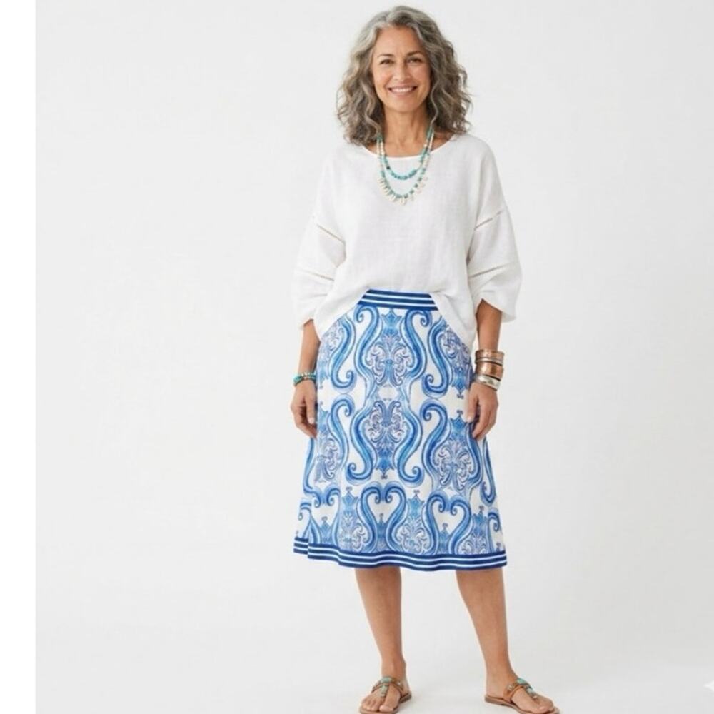 SOFT SURROUNDINGS Women's M PETITE A Line Maxi Skirt Cotton Blue Floral Majolica